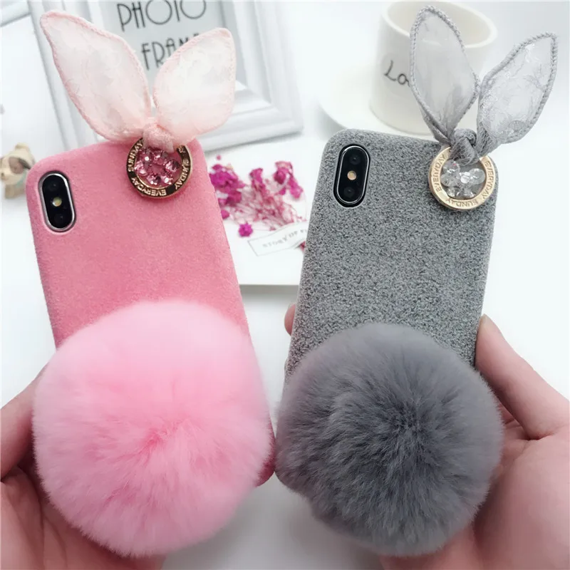 Модный чехол для iPhone Xs Max теплый меховой с шариком кружевной ушками кролика