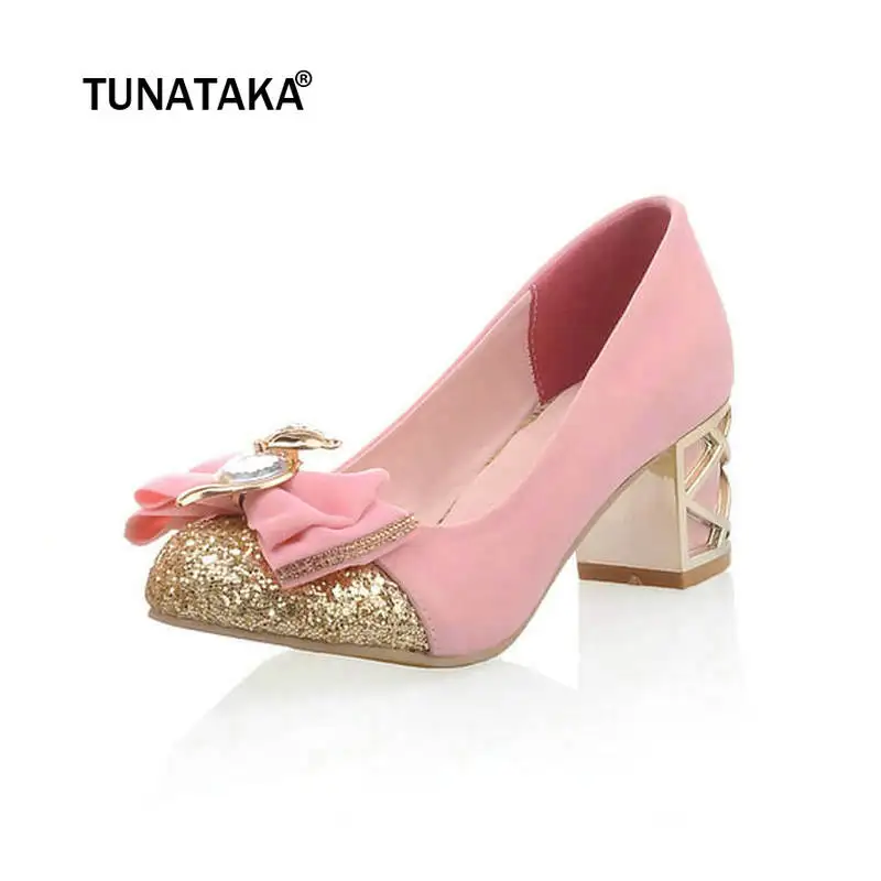 

Ladies Thick High Heels Fashion Crystal Bow Party Wedding Pumps Shoes Black Blue Pink