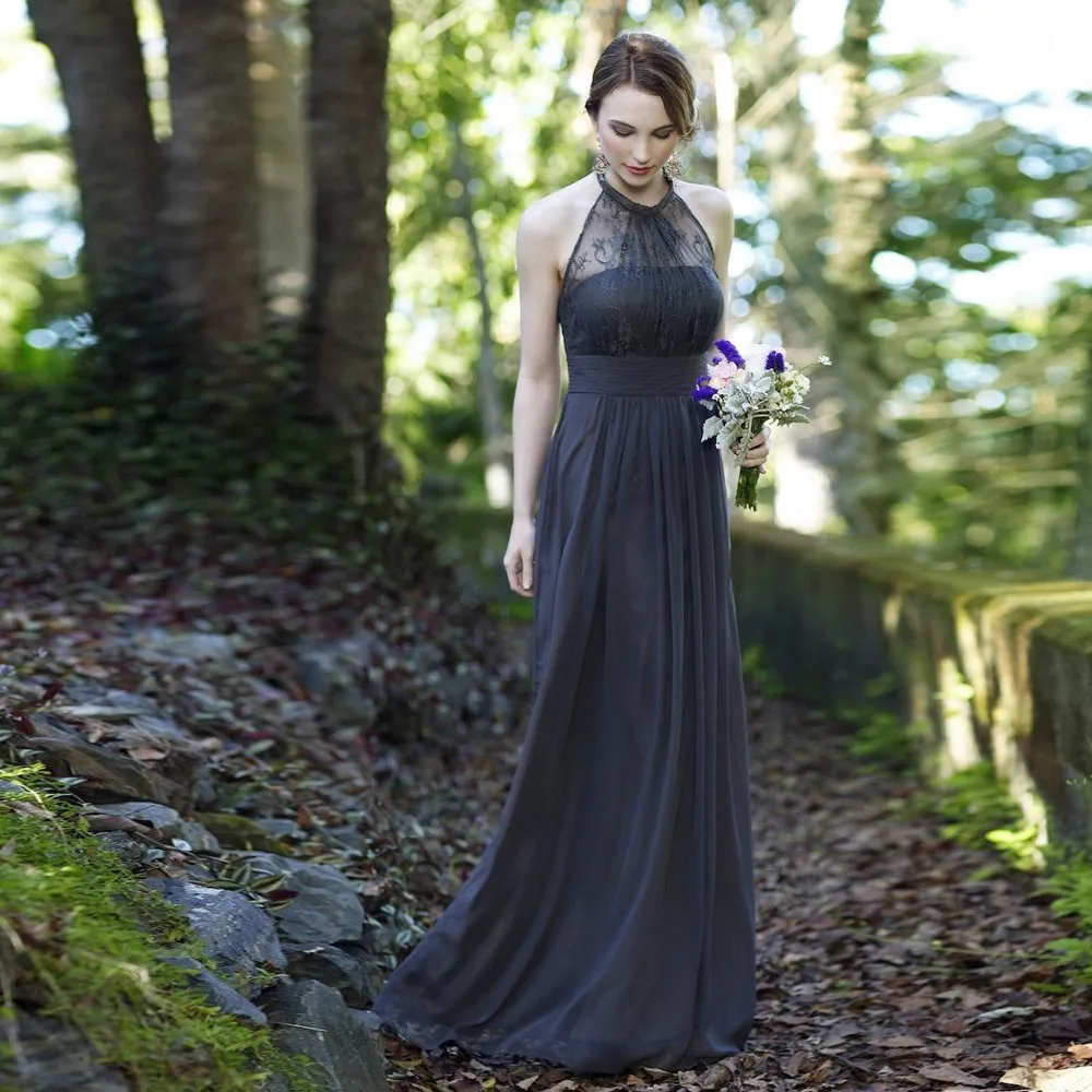 2016 Elegant Dark Grey Summer Chiffon Bridesmaid Dresses Halter 2016 Elegant Dark Grey Summer Chiffon Bridesmaid Dresses Halter Sheer Neck Off The Shoulder Wedding Party Gowns Vestido De Festa In From