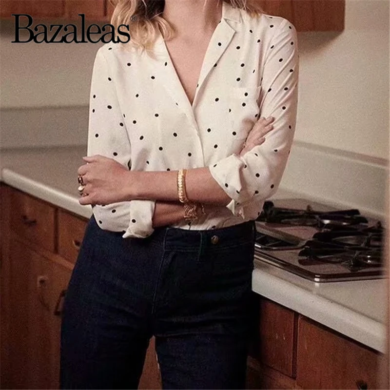Bazaleas винтажная блузка с тонкими пуговицами Blusa Feminina женские топы в горошек blusas