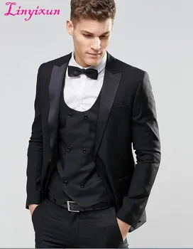 

Linyixun New Style Mens Custom Suits 2017 Peaked Lapel Black Wedding Dress Men Prom Tuxedos For Men Groom Suit (Jacket+Pants+Ves