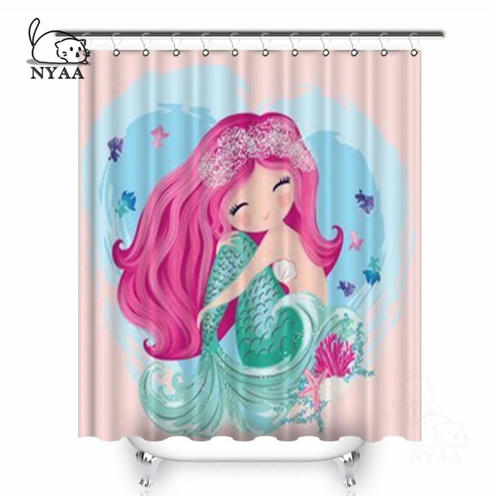 

NYAA Little Cute Mermaid Shower Curtains Fishes And Seashells Waterproof Polyester Fabric Bathroom Curtains For Home Decor