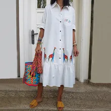 Женское летнее белое платье со стоячим принтом жирафа, до середины икры, на пуговицах, вечерние, свободные, короткие платья, летнее платье, vestidos de verano, новинка