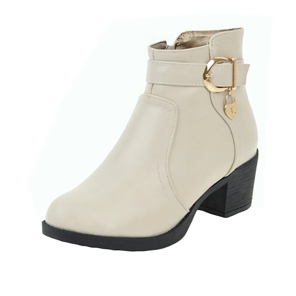 

New Arrival Women High Heel Ankle Boots Leather Women Boots Short Square Heel Black Winter Bruckle Strap Round Toe Boots