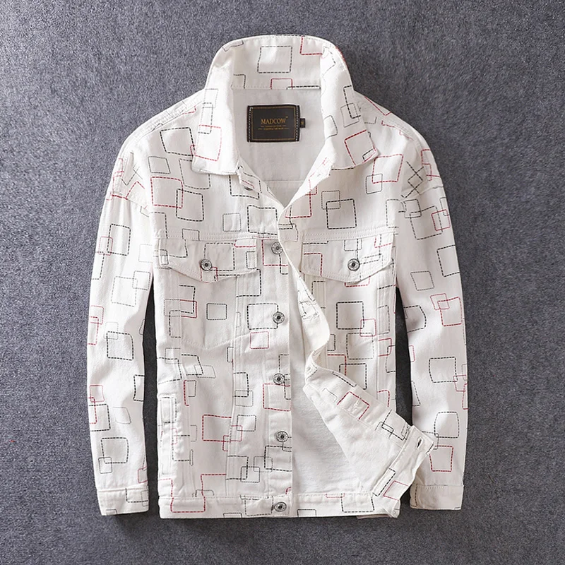 

Fashion Streetwear Men Jacket White Color Plaid Print Designer Denim Jackets Men Coat Outwear Spring Autumn Hip Hop Jacket Women