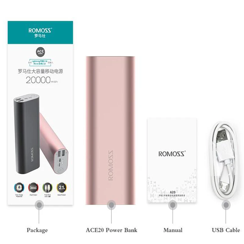 Romoss внешний аккумулятор 20000 мАч Внешний аккумулятор 26650 ACE Dual usb 2.1A для iPhone mi samsung huawei Xiao mi зарядное устройство для мобильного телефона