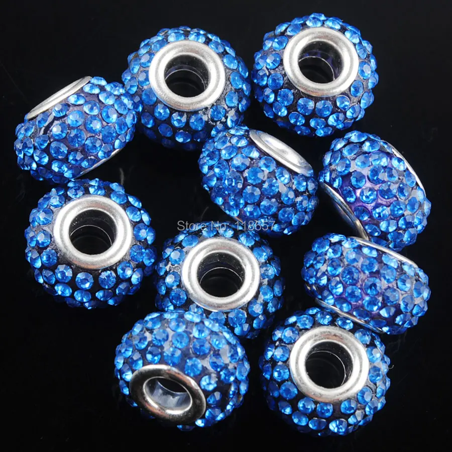 Blue Crystal Release Resin Rhinestones Spacer Beads Big Hole Fit European Bracelet Charms