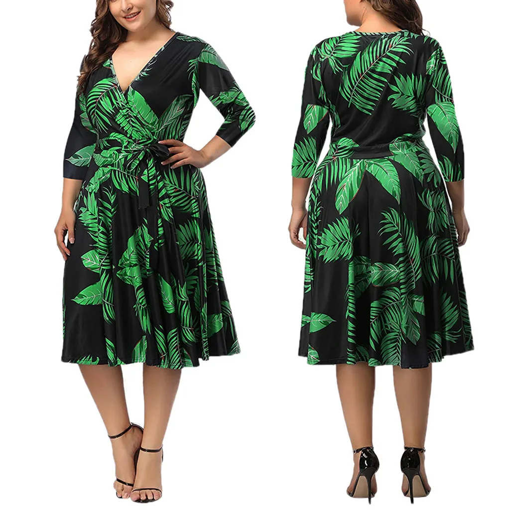 

JAYCOSIN Fashion Women Boho Dress Spring Sexy Ladies V Neck Leaves Prints Waist Wrap Lace Up Three Quarter Dress dropshipping