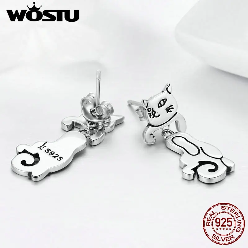 

WOSTU HOT SALE Real 925 Sterling Silver Cat Stud Earrings for Women Brand S925 Silver Jewelry Gift FIE357