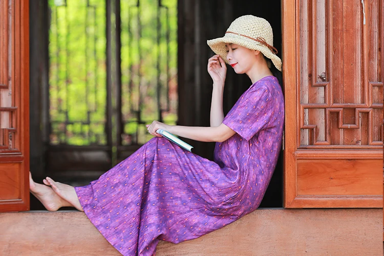LZJN V-Neck Short Sleeve Dresses New Women High Waist Vintage Purple Color 2019 Summer Cotton Linen Maxi Pockets Dresses (10)