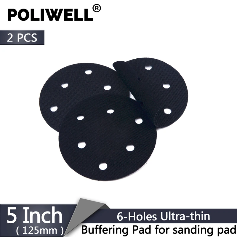 

POLIWELL 2 шт., 5 дюймов, 125 мм, 6 отверстий, ультра-тонкая губчатая прокладка, полировочные интерфейсные накладки для шлифовальной площадки, крюк и петля, шлифовальная бумага