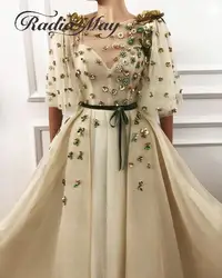 Фея кремовая сетка чистая золото 3D платья для выпускного вечера с цветами с пышными рукавами Кристалл бисером длинное арабское вечернее