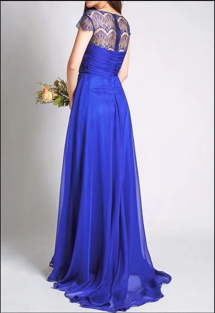 Royal Blue With Cap Sleeves Lace Chiffon Aline Wedding Party Long Bridesmaid Dress