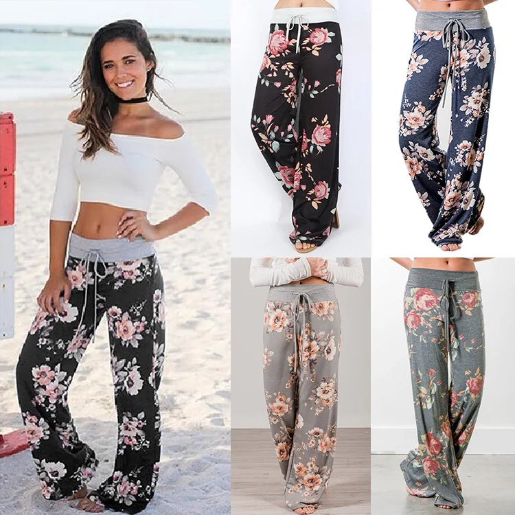 

Ladies Floral Print Wide Leg Pants Women Long Drawstring Casual Loose Pant 2019 Spring Boho Beach Elastic High Waist Trousers