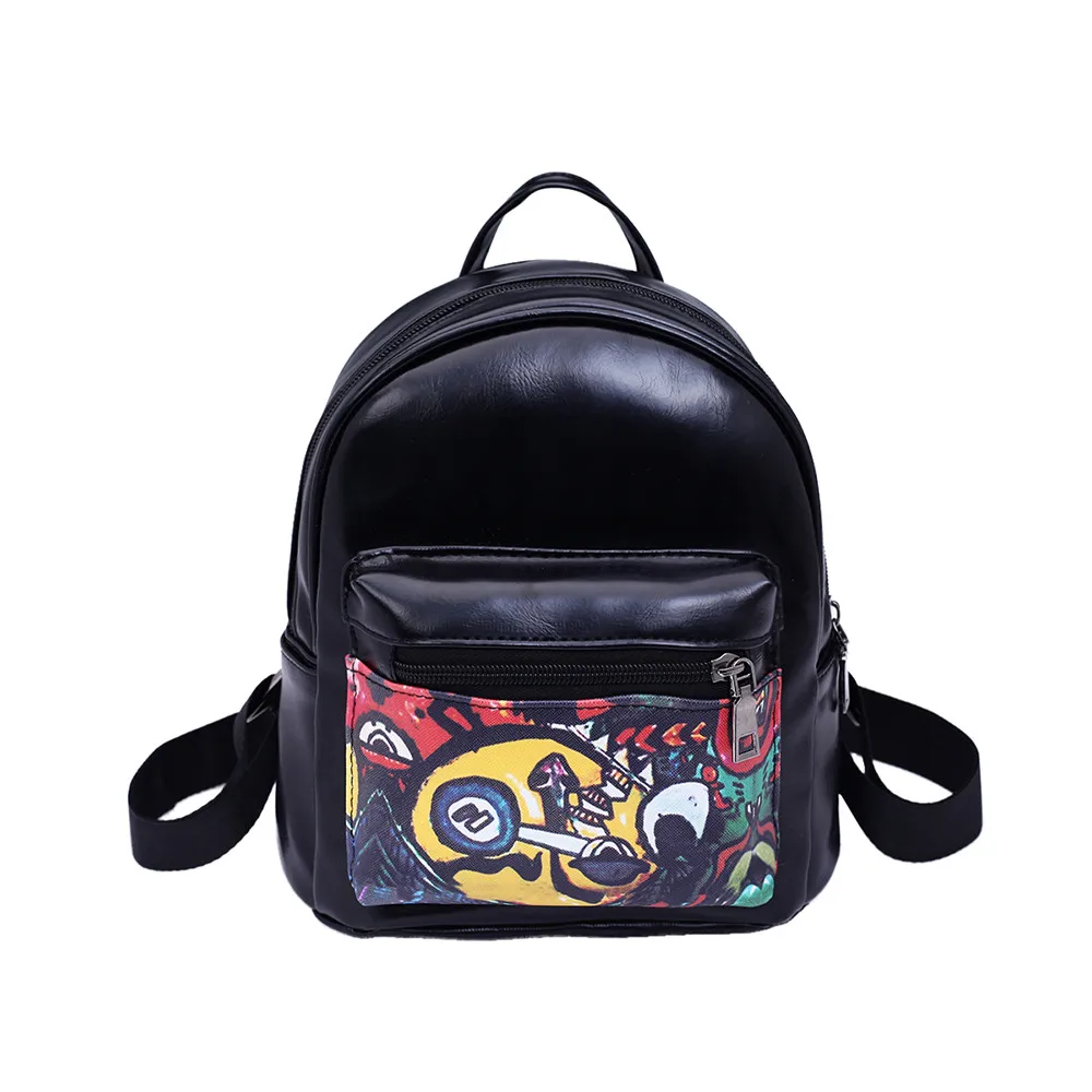 Women Backpack Punk High Street Style Black Leather Rucksacks For Girls 2019 Graffiti School Bags Mochilas Para Meninas Adolesce