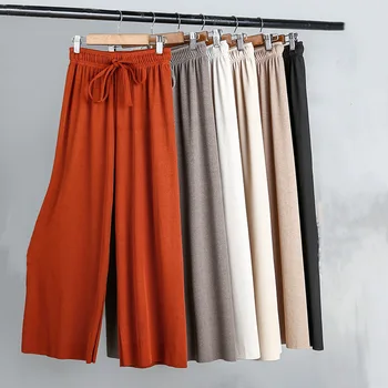

Women Summer Thin Knit Trousers Black Wide Leg Loose Pants Ankle Length Pants Casual trouser Elastic Waist Plus Size Pants