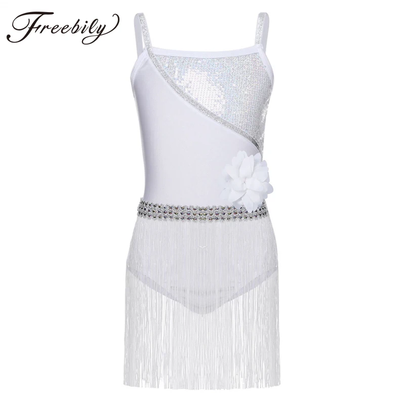 

Girls Latin Dance Dress Gymnastics Leotard for Girls Elastic Shiny Sequined Latin Dance Costume Lyrical Dress with Tassels