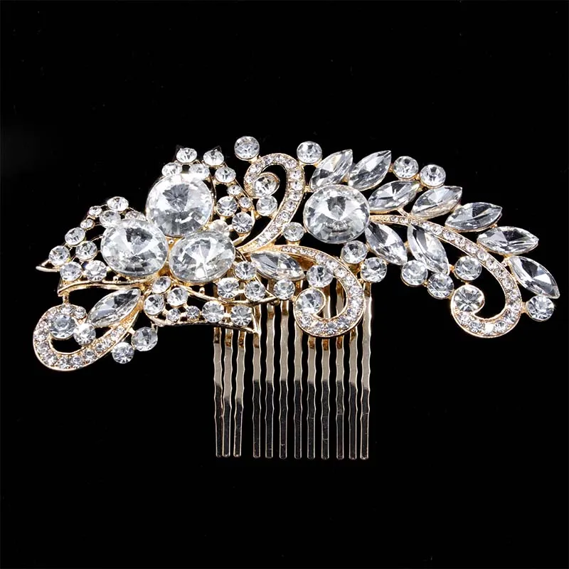 Gold Flower Rhinestone Crystal Bridal Hair Combs Women Prom Tiaras