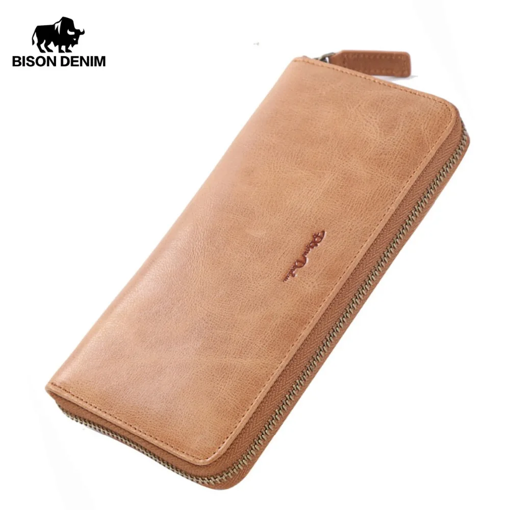 

BISON DENIM Men's Clutch Cowhide Leather Long Wallet Genuine Leather Men Wallets ID Card Holder Dollars Purse For Men W8106