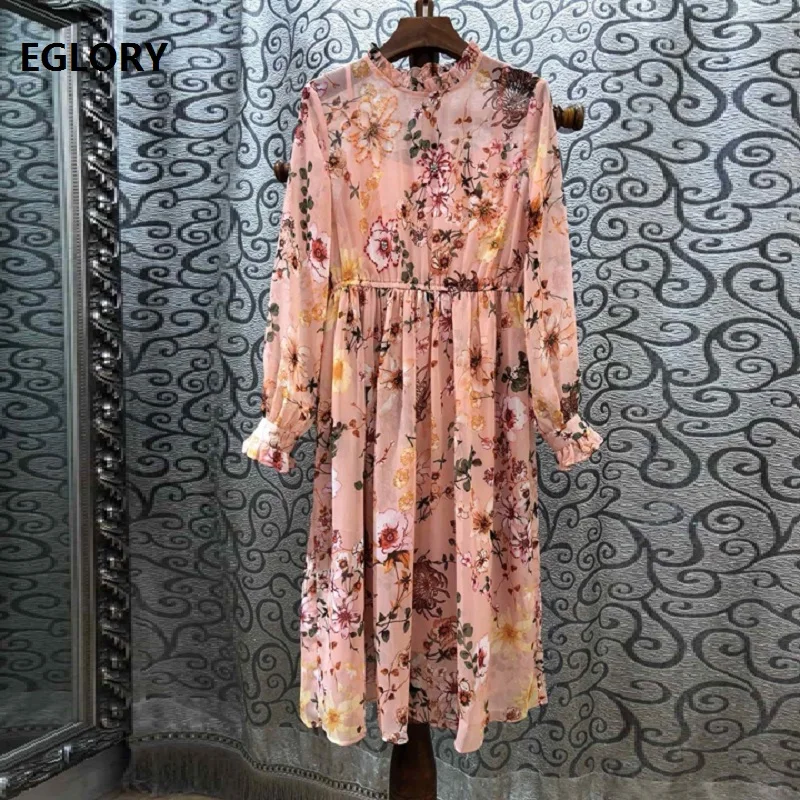 

Beautiful Dress 2019 Spring Summer High Quality Runway Women Hand Made Beading Stunning Floral Print Long Sleeve Dress Pink