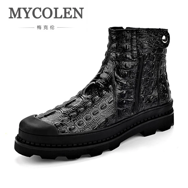 MYCOLEN брендовые осенние и зимние плюшевые мужские ботинки наивысшего качества Красивые Удобные Ретро дизайнерские кожаные сапоги из крокодиловой кожи - Цвет: Черный