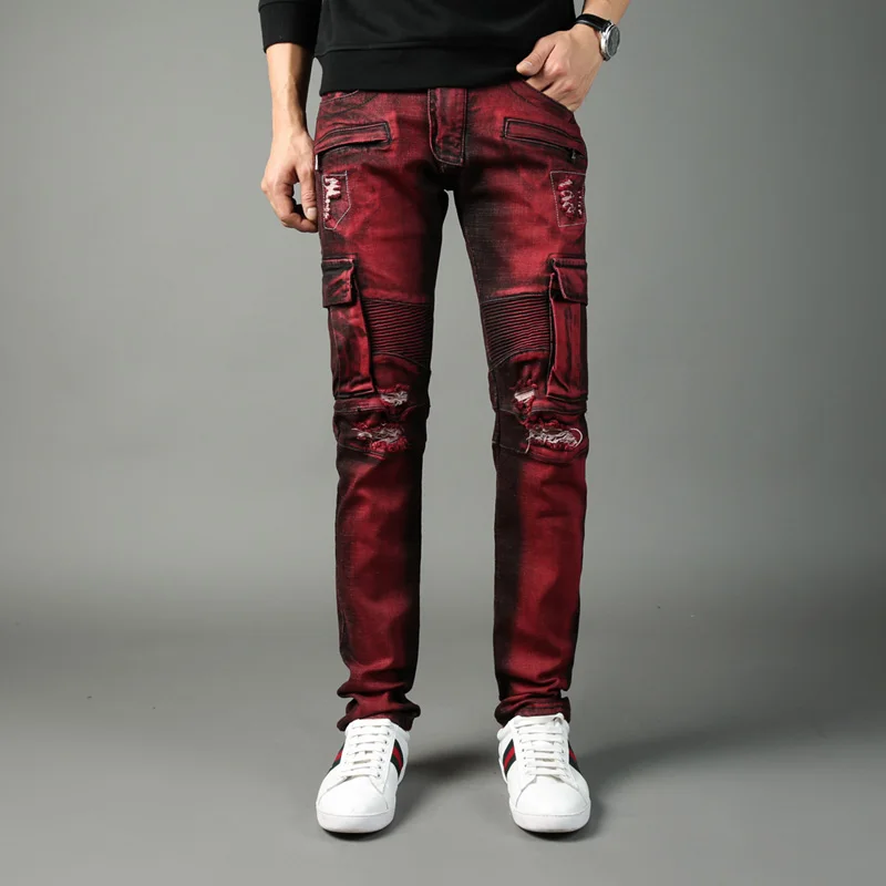 Высокая уличная мода мужские джинсы хип-хоп большие карманы джинсовые штаны-карго hombre красный цвет Slim Fit рваные джинсы мужские байкерские