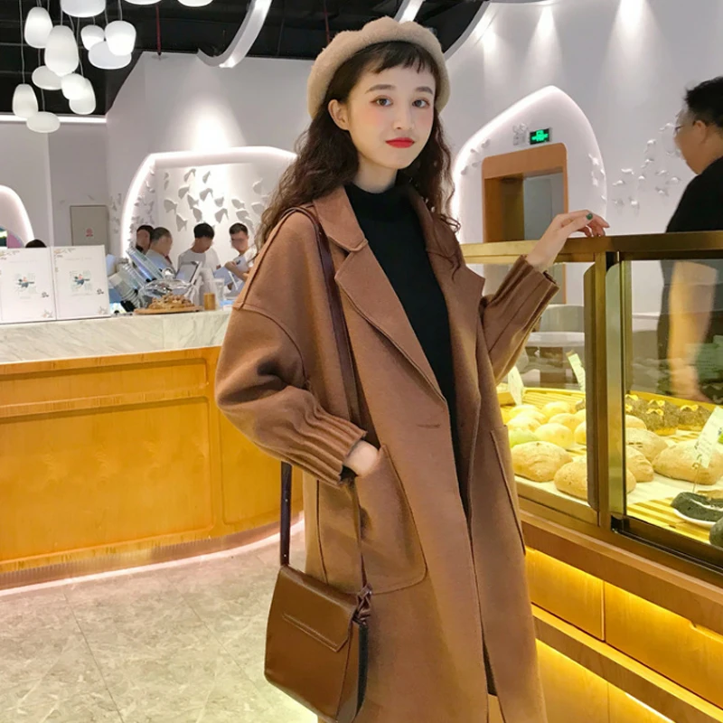 Шерстяное пальто женское зимнее длинное бежевое пальто с длинными рукавами женское демисезонное высококачественное теплое тонкое длинное пальто P840 - Цвет: light brown