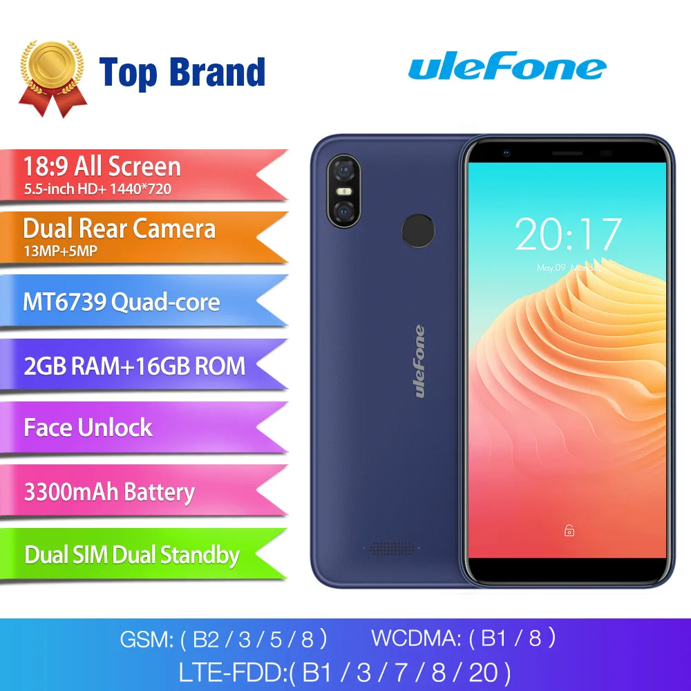 Ulefone S9 Pro 5,5 inch HD + teléfono móvil Android 8,1 MTK6739 Quad Core 2 GB RAM 16 GB ROM 13 MP + 5MP cámaras traseras duales 4G teléfono móvil