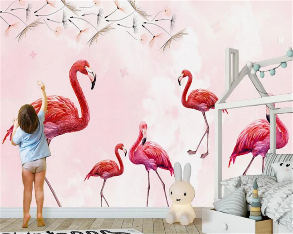 

beibehang Modern personality formaldehyde-free three-dimensional wall paper Nordic hand-painted dandelion Flamingo 3d wallpaper