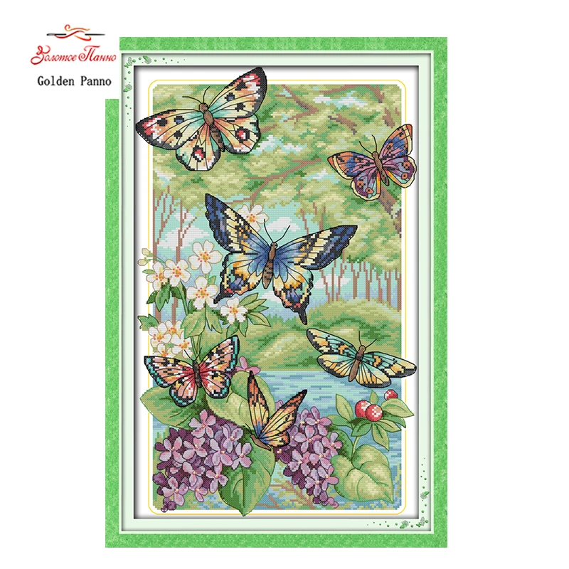 

Golden Panno,Butterflies fly in the forest painting counted print on canvas Cross Stitch kits DMC11CT 14CT needlework 0123