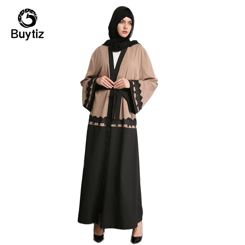 

Buytiz khaki Floral Lace Mesh Muslim Abaya Chiffon Maxi Dress Belt Cardigans Long Robe Gowns Dubai Middle East Islamic Clothing