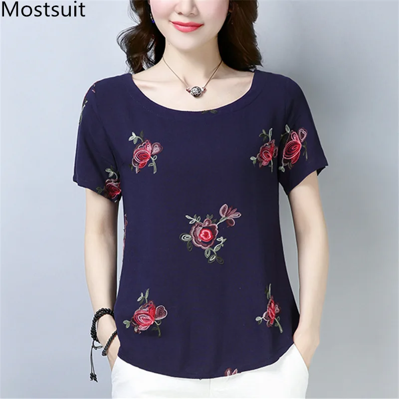 M 4xl Summer Cotton Linen T shirts Women Plus Size Floral Embroidery ...