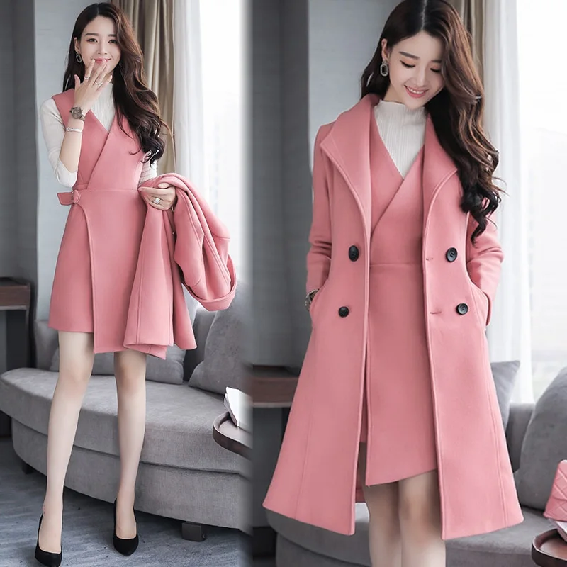2018 New Spring Woolen Coat Trench Women Slim Double Breasted Black Winter Coats Long Outerwear for Women Coat Outside Overcoat