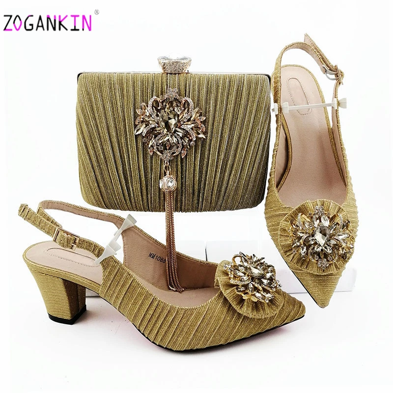 

Sexy Ladies African Shoes With Matching Bags Set Italian Women's Party Shoes and Bag Sets Gold Color Women High Sandals