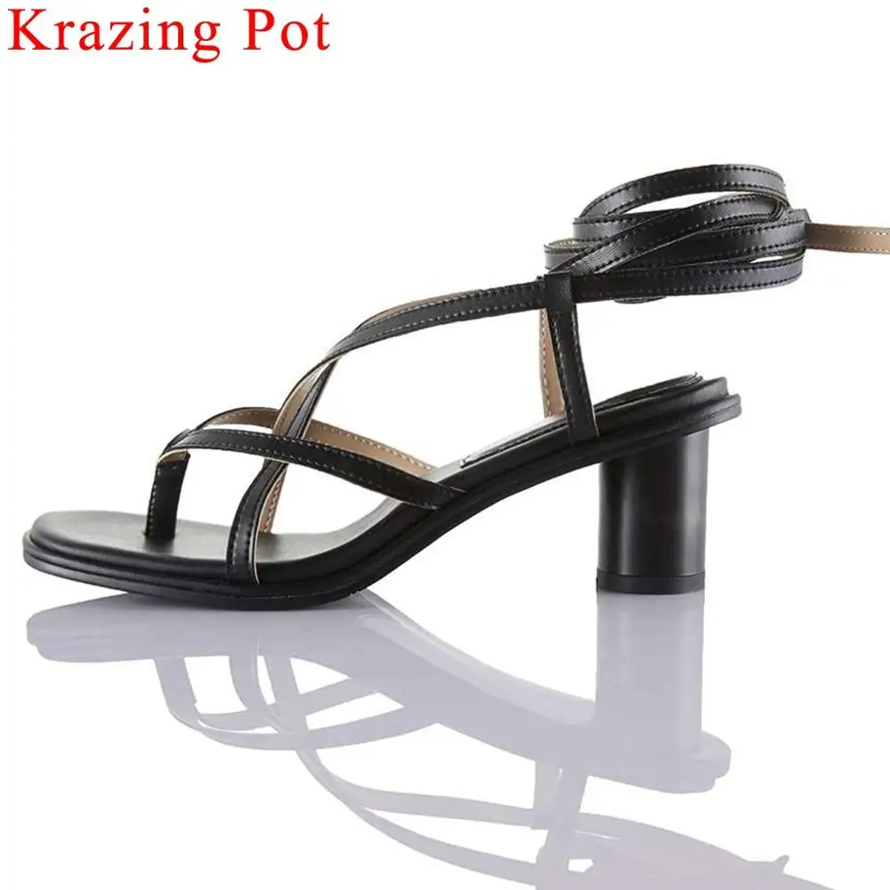 

Krazing Pot full grain leather fairy princess style round med heels women sandals vintage superstar summer lace up shoes L11