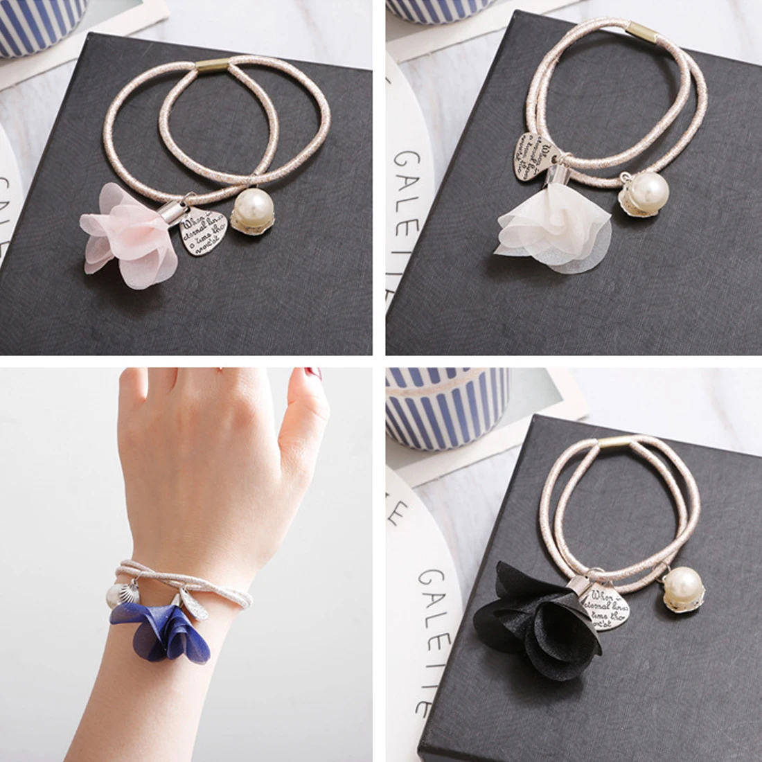 

Sweet Women Girls Children Accessories Morning Flower Hair Holders Shell Pearl Rubber Headbands Hair Elastics Tie Gum for Hair