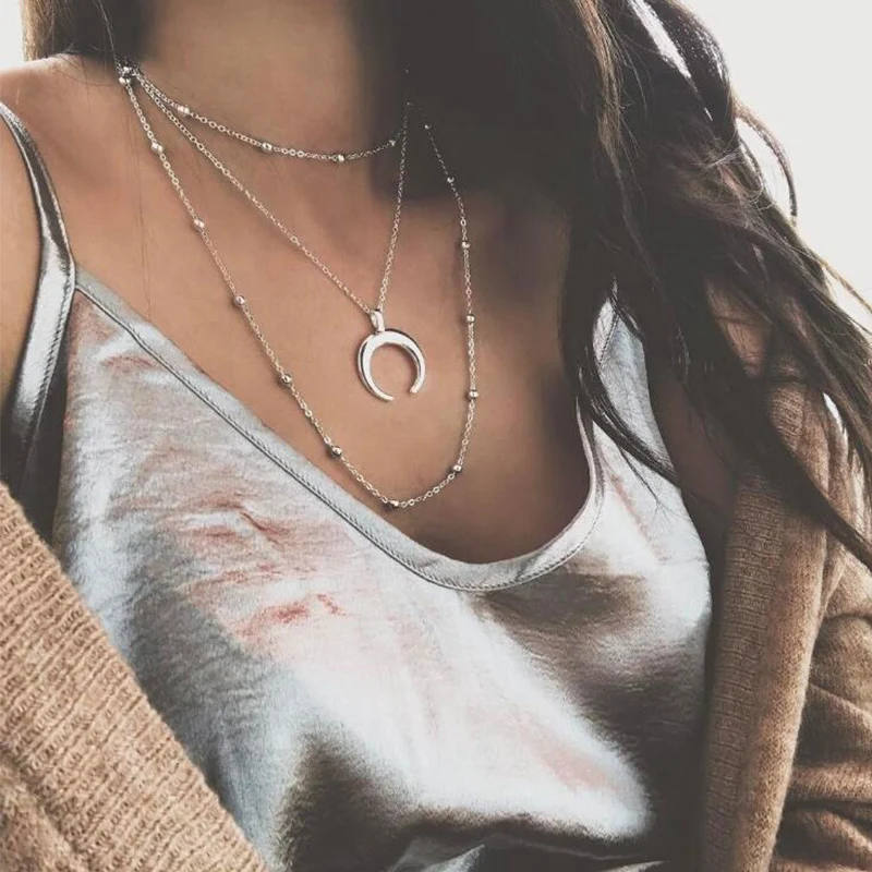 

LNRRABC 2018 new fashion 3 layer necklace horns crescent chain boho silver jewelry girlfriend gift girl boutique