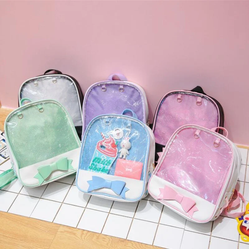 

2019 Clear Transparent Women Backpack Cute Bow Ita Bags For School Mini Pink Black Schoolbags For Teenage Girls Fashion Bookbag