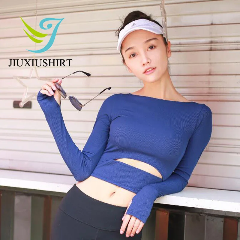 JIUXIUSHIRT сексуальные женские футболки для йоги быстросохнущие с длинным рукавом пуповины майка черный для твердости бега тренировки Спортивная рубашка