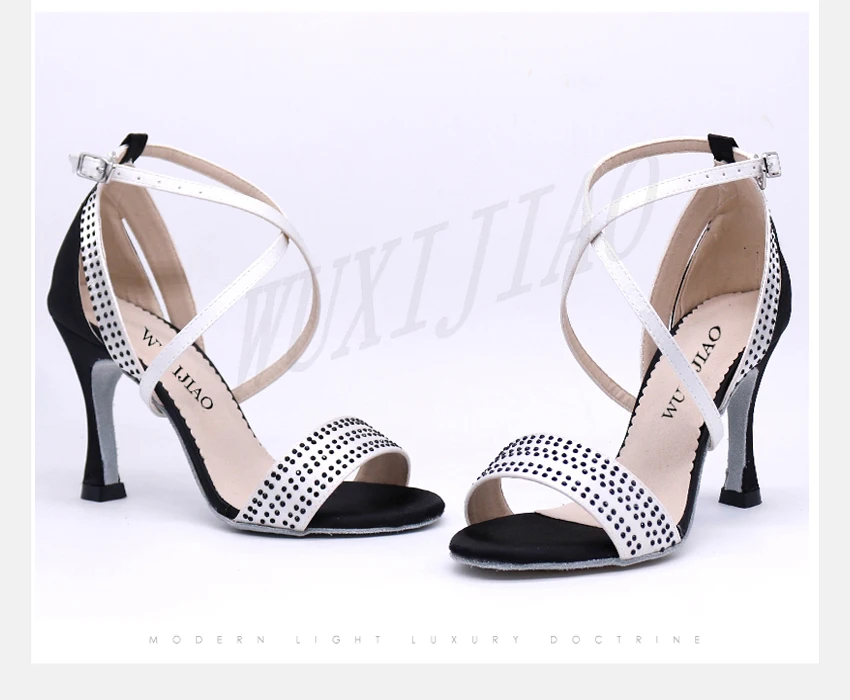 WUXIJIAO/Танцевальная обувь для сальсы, спарти, сатиновые блестящие стразы, мягкая подошва, обувь для латинских танцев, женская обувь для сальсы, Каблук 5-10 см
