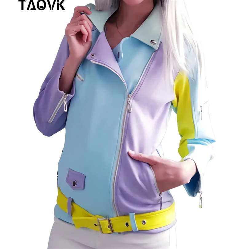 TAOVK New Material Basic Jacket Zipper Design Hit Color Patched Jackets Multicolor Cut Turn-down Collar Coat Outwear