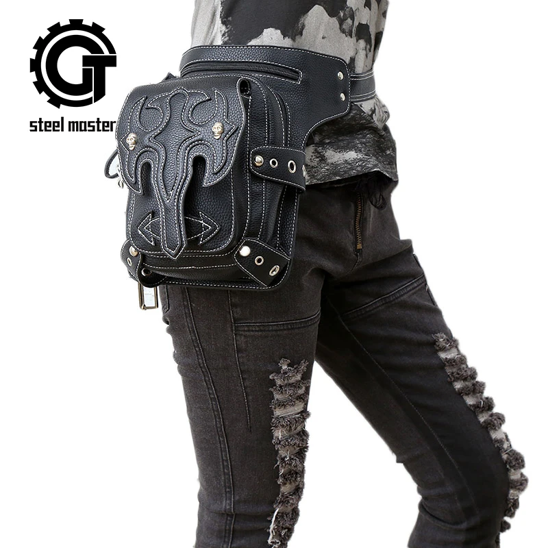 

2018 Retro Rock Waist Bags Women Steam Punk Black Messenger Shoulder Bags Gothic Men Travel Leather Mini travel bag