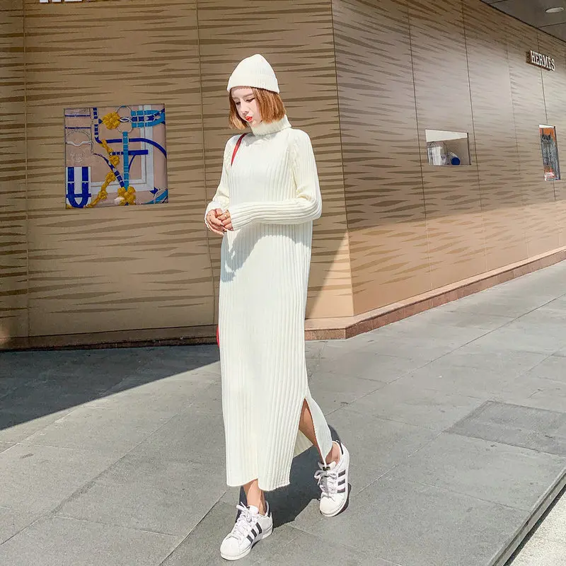 

High-Necke Sweater Women's Long Sweater Dress 2018 Autumn Winter New Loose Large Size Casual Wild Femme Knit Sweater Dress LQ558