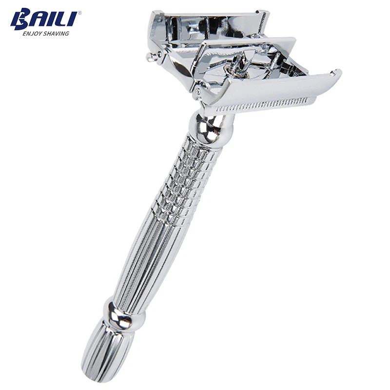 

BAILI Long Handle Double Edge Barber Safety Blade Razor Shaver Butterfly Twist Open +5 Blades +Stand/Base/Holder BD279L