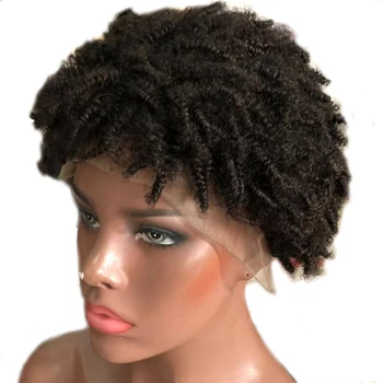 

African Curly Lace Front Human Hair Wigs Natural Looking 130% Density 8 Inches Brazilian Remy Human Hair Short Wigs for Women