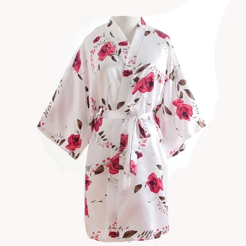 

New White Print Bride Bridesmaid Wedding Robe Floral Kimono Nightgown Women Home Dress Gown Sleepwear Party Cosmetic Nightwear