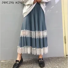 Модный пэчворк кружевные юбки женские сезон: весна–лето длинные плиссированные юбки Винтаж Высокая Талия линии юбка