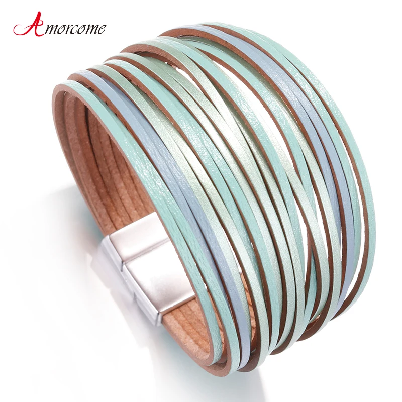 

Amorcome Bohemian Leather Bracelets for Women 2019 Fashion Ladies Slim Strips Multilayer Wide Wrap Bracelet Female Jewelry Gift