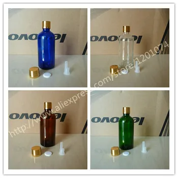

100ml brown/clear/blue/green shiny Glass Essential Oil Bottle With shiny gold aluminum screw cap(lines)+plstic insert. Oil vial