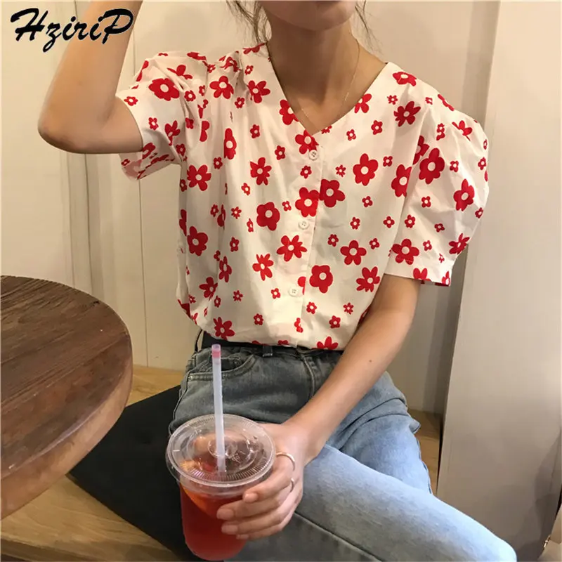 

Hzirip New Arrival Summer Loose Simple Women Fresh Print All-Match Women Thin Short Sleeve Cardigans Sweet Fashion Casual Shirts
